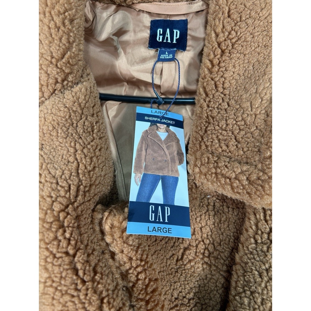 New Gap Jacket Women's Large Brown Teddy Sherpa Faux Fur Button Pockets $128 - Picture 5 of 8